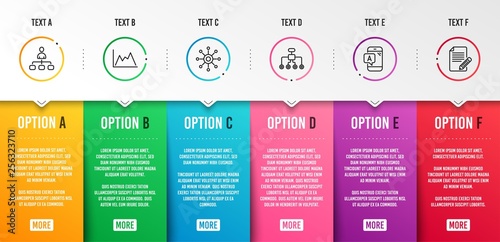 Diagram, Ab testing and Management icons simple set. Restructuring, Multichannel and Article signs. Growth graph, Phone test. Science set. Infographic template. 6 steps timeline. Business options