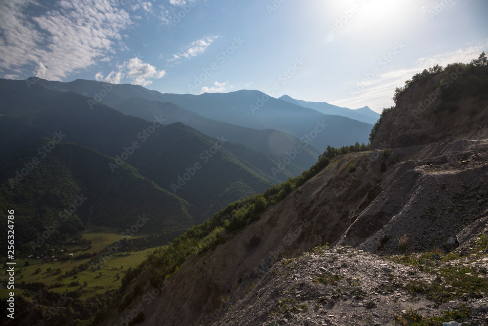 Mountains of the North Caucasus, mountain tops in clouds. Wild nature
