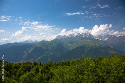 Mountains of the North Caucasus, mountain tops in clouds. Wild nature