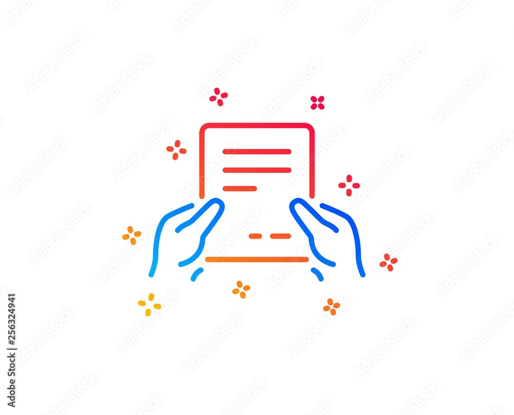 Hold Document line icon. Agreement Text File sign. Contract with signature symbol. Gradient design elements. Linear receive file icon. Random shapes. Vector