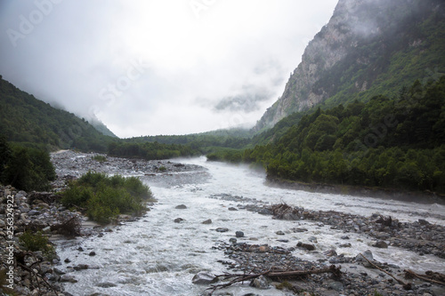 The mountain river in the beautiful gorge. The wild nature in mountains of the North Caucasus