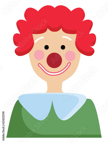 Simple vector illustration of a clown with green shirt and red curley hair white background.
