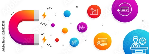 Magnet attracting. Report statistics, Graph chart and Refund commission icons simple set. Startup, Puzzle and Presentation time signs. Graph chart, Growth report. Technology set. Vector