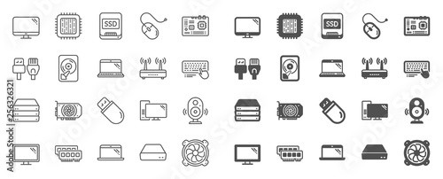 Computer components, Laptop, SSD line icons. Motherboard, CPU, Internet cables icons. Wifi router, computer monitor, Graphic card. Keyboard, SSD device. Internet cables, laptop components. Vector photo
