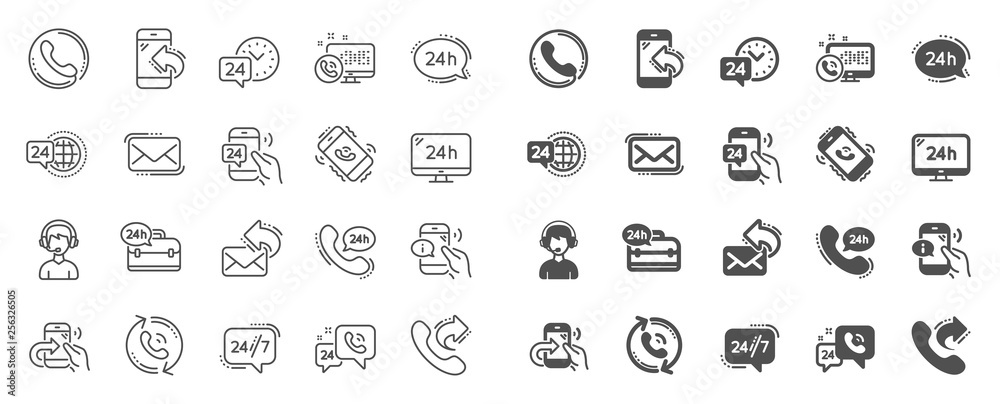 Processing line icons. Set of Callback or feedback, Call support and Chat message icons. 24 hour service, Call centre, 24/7. Telephone callback, support message, feedback phone center. Vector - obrazy, fototapety, plakaty 