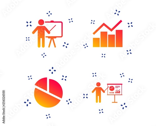 Diagram graph Pie chart icon. Presentation billboard symbol. Man standing with pointer sign. Random dynamic shapes. Gradient presentation icon. Vector