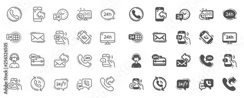 Processing line icons. Set of Callback or feedback, Call support and Chat message icons. 24 hour service, Call centre, 24/7. Telephone callback, support message, feedback phone center. Vector