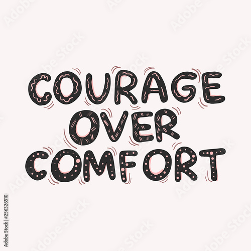 Fototapeta Vector hand drawn quote. Courage over comfort doodle lettering sign. Cartoon Words with doodles, dots, pink waves paper art.