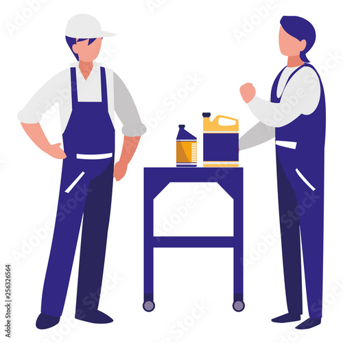 mechanics workers with oil gallon characters