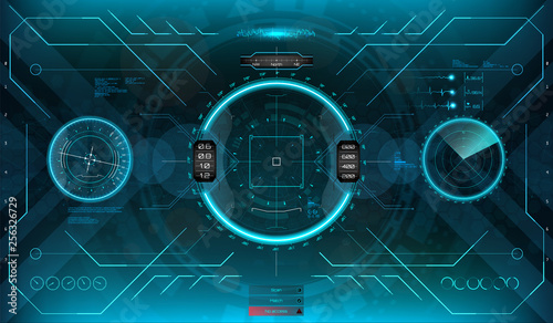 Futuristic VR Head-up Display Design. Virtual reality in HUD UI style. Game, future control center display. Camera viewfinder. Template focusing screen of the camera. Template Crosshair in HUD, GUI.
