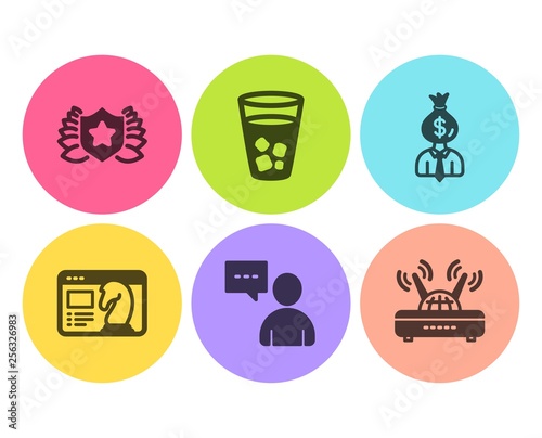 Ice tea, Manager and Laureate icons simple set. Seo strategy, Users chat and Wifi signs. Soda beverage, Work profit. Flat ice tea icon. Circle button. Vector
