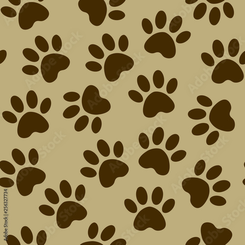 Paw print seamless. Vector illustration animal paw track pattern. backdrop with silhouettes of cat or dog footprint.
