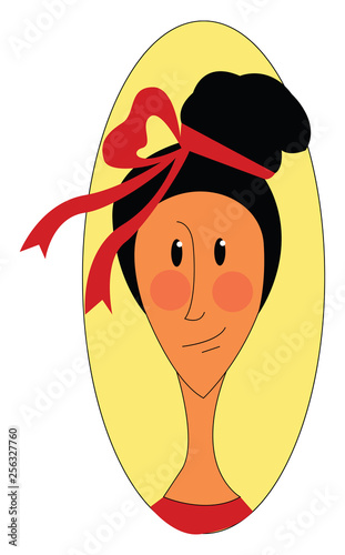 Cartoon girl with red bow in yellow elipse vector illustration on white background