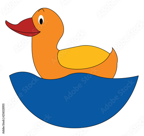 Yellow smiling duck on blue water vector illustration on white background