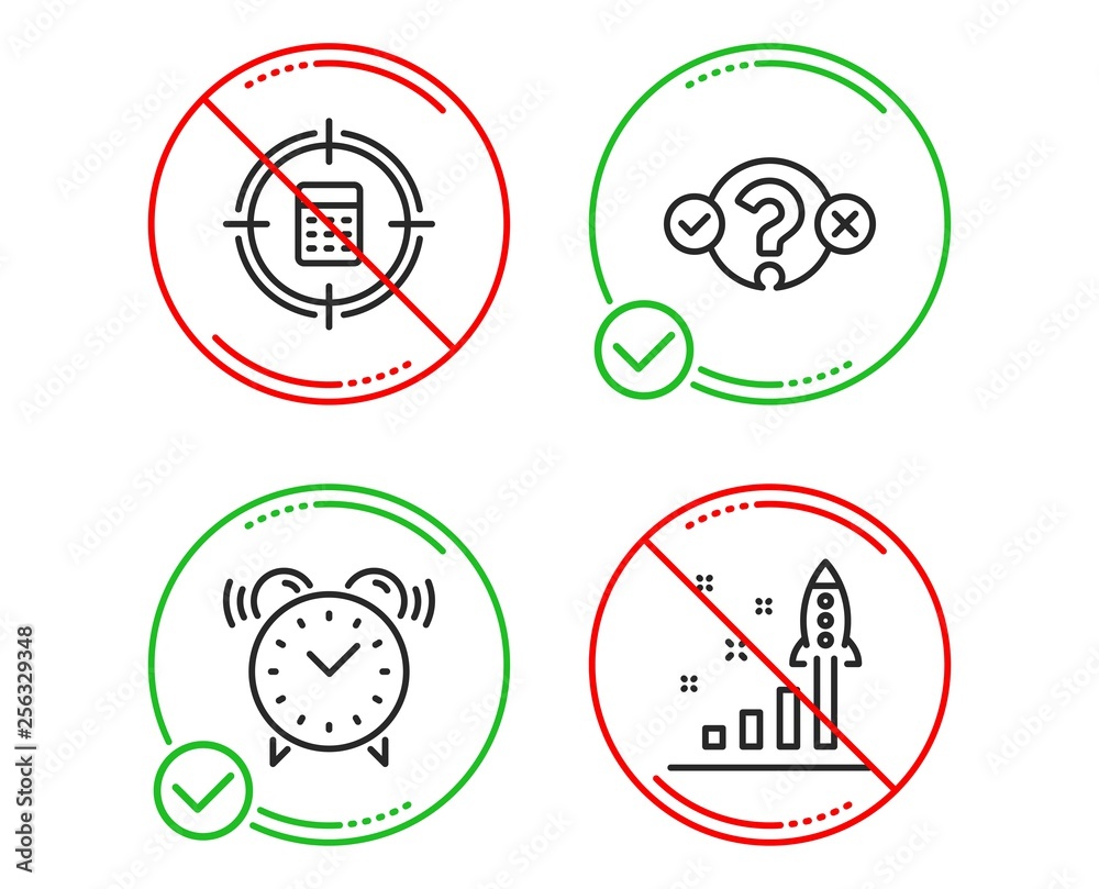 Do or Stop. Quiz test, Calculator target and Alarm clock icons simple set. Development plan sign. Select answer, Audit, Time. Strategy. Technology set. Line quiz test do icon. Prohibited ban stop