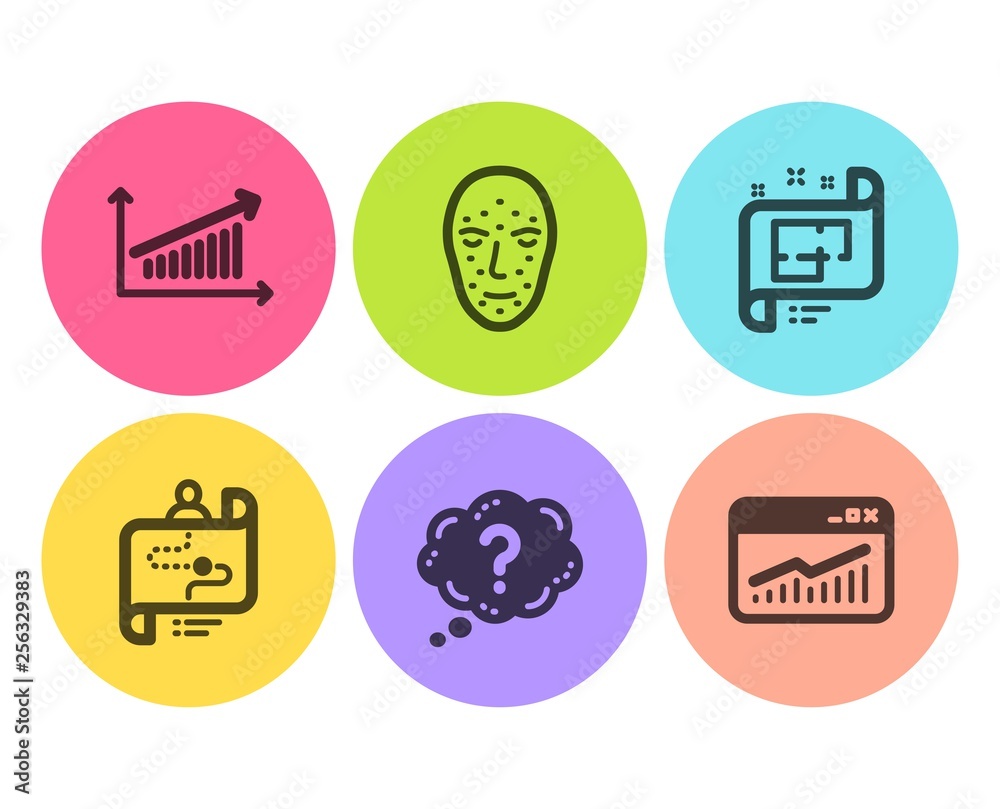 Face biometrics, Question mark and Journey path icons simple set. Chart, Architectural plan and Website statistics signs. Facial recognition, Quiz chat. Science set. Flat face biometrics icon. Vector Face biometrics, Question mark and Journey path icons simple set. Chart, Architectural plan and Website statistics signs. Facial recognition, Quiz chat. Science set. Flat face biometrics icon. Vector