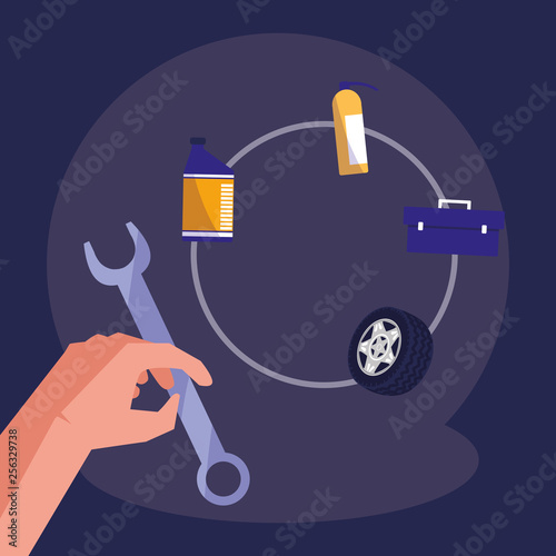 hand using wrench key tool icon