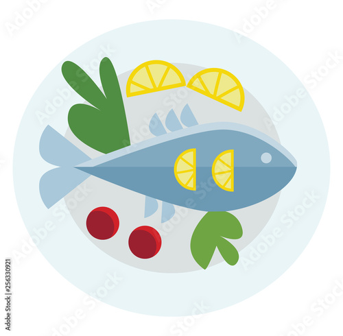 Food platter with whole fish and vegetables vector or color illustration