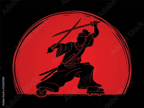 Samurai standing ready to fight with swords cartoon graphic vector