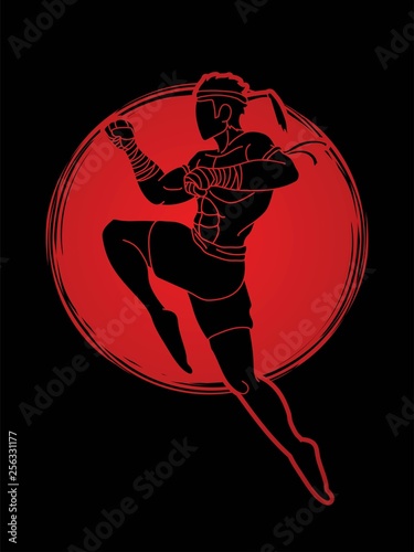 Muay Thai fighting , Thai boxing jumping to attack cartoon graphic vector 