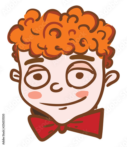 Curly hair boy with red bow tie vector or color illustration