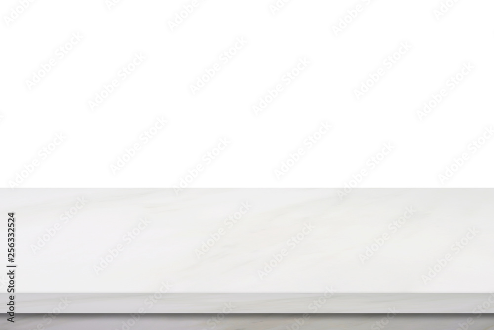 Empty marble table, isolated on white background, banner, table top, shelf, counter design for product display montage - obrazy, fototapety, plakaty 