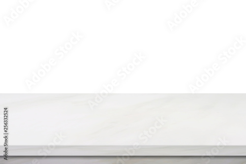 Empty marble table, isolated on white background, banner, table top, shelf, counter design for product display montage