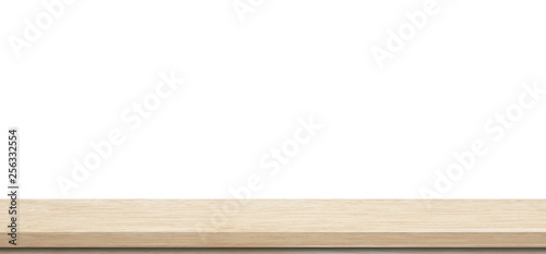 Empty wooden table, isolated on white background, banner, table top, shelf, counter design for product display montage