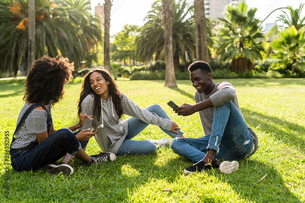 Friends sitting on grass, having fun, using smartphone Friends sitting on grass, having fun, using smartphone