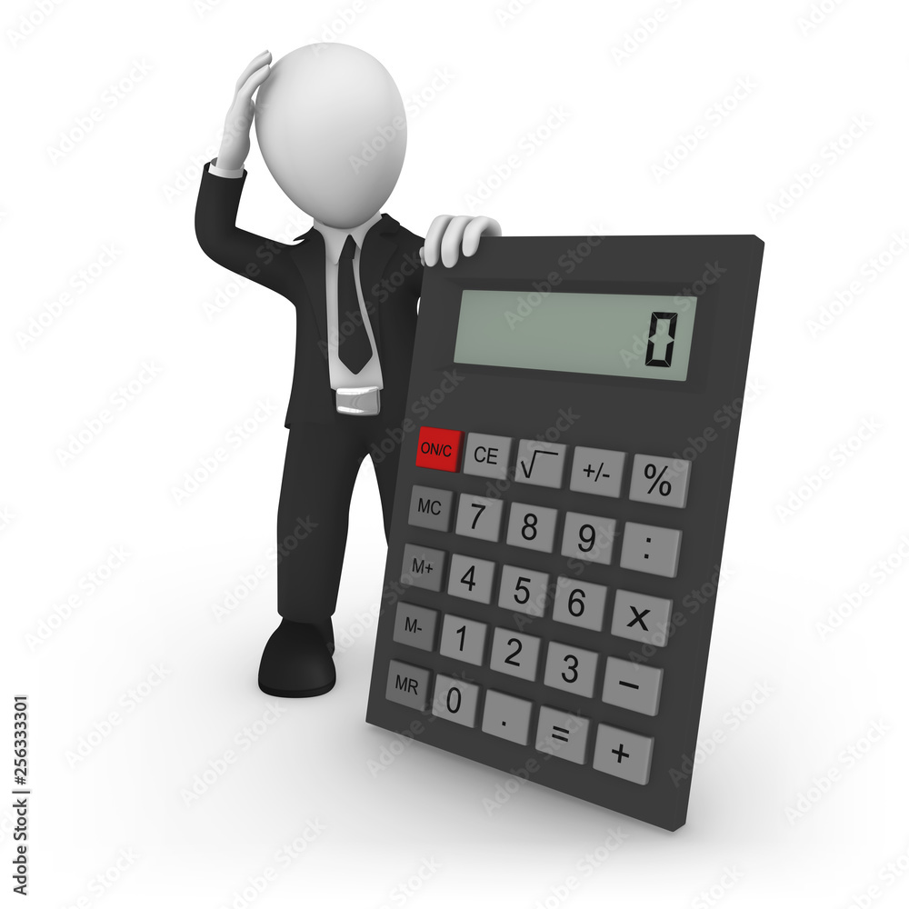 3d rendered white businessman with the big calculator 3d rendered white businessman with the big calculator