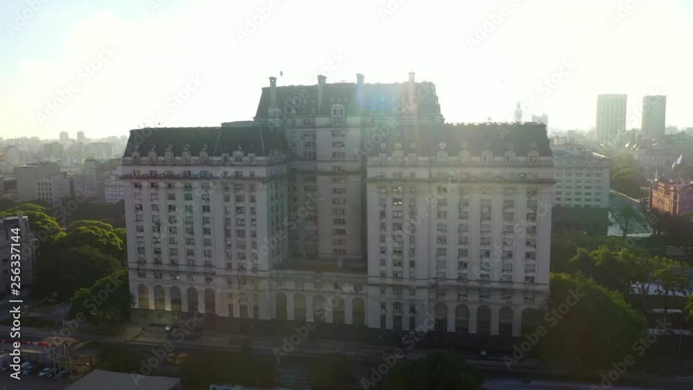 Aerial drone view of Edificio Libertador building in Puerto Madero neighbourhood at sunset. Buenos Aires, Argentina.
