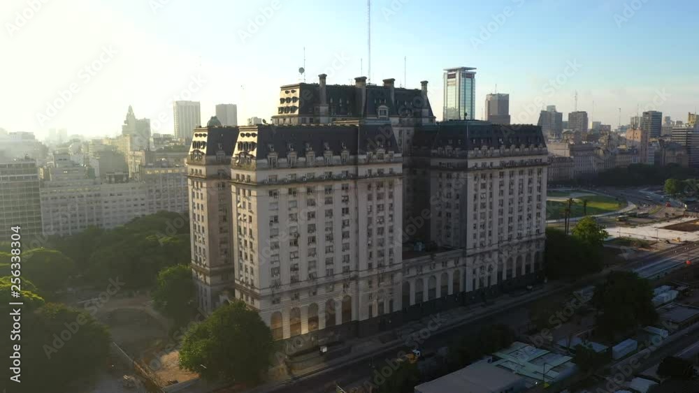 Aerial drone view of Edificio Libertador building in Puerto Madero neighbourhood at sunset. Buenos Aires, Argentina.