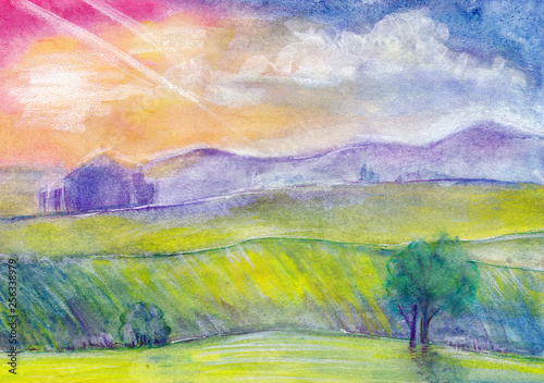 Abstract watercolor landscape with sunset, hills and fields
