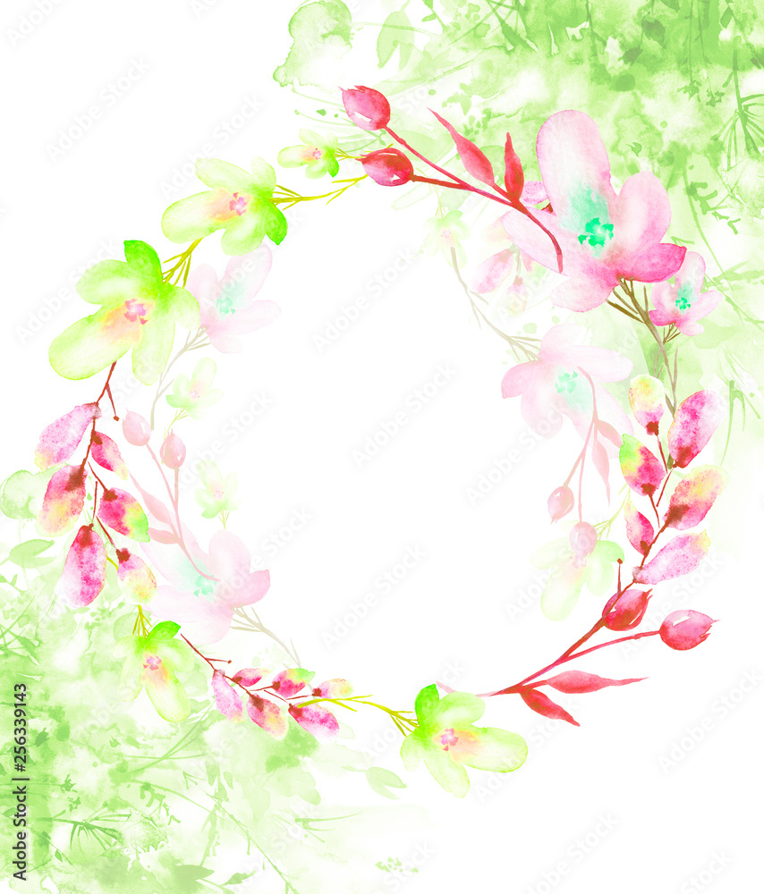 Fototapeta premium Watercolor bouquet of flowers, Beautiful abstract splash of paint, fashion illustration,willow, chamomile, apple flowers, green branch with berry, Apple tree, Linden, field or garden flowers. 