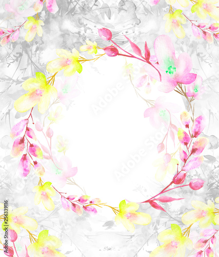 Watercolor bouquet of flowers  Beautiful abstract splash of pink paint  fashion illustration  willow  chamomile  apple flowers  branch with berry  Apple tree  Linden  field or garden flowers. 