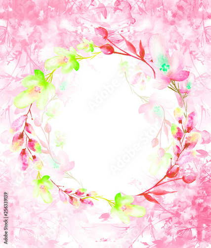 Watercolor bouquet of flowers, Beautiful abstract splash of pink paint, fashion illustration, willow, chamomile, apple flowers, branch with berry, Apple tree, Linden, field or garden flowers. 