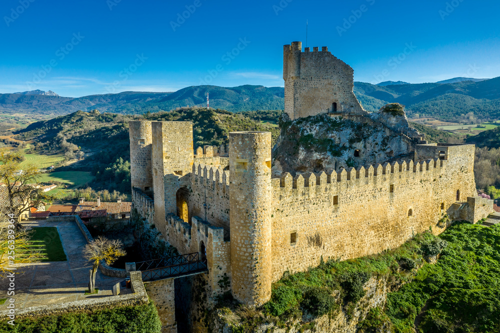 Frias aerial panorama of the medieval village with a castle and fortified bridge near Burgos in Castile and Leon Spain