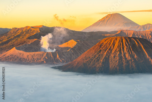Spectacular view of Mount Bromo at dawn. This is an active volcano part of the Tengger massif, in East Java, Indonesia.