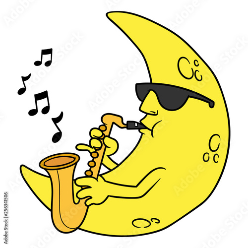 Cartoon Crescent Moon Playing Saxophone