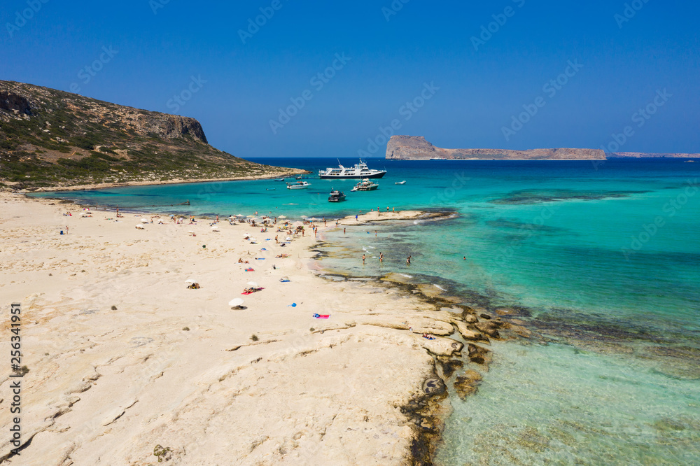 Amazing aerial panoramic view on the famous Balos beach in Balos lagoon and pirate island Gramvousa. Place of the confluence of three seas (Aegean, Adriatic, Libyan ).