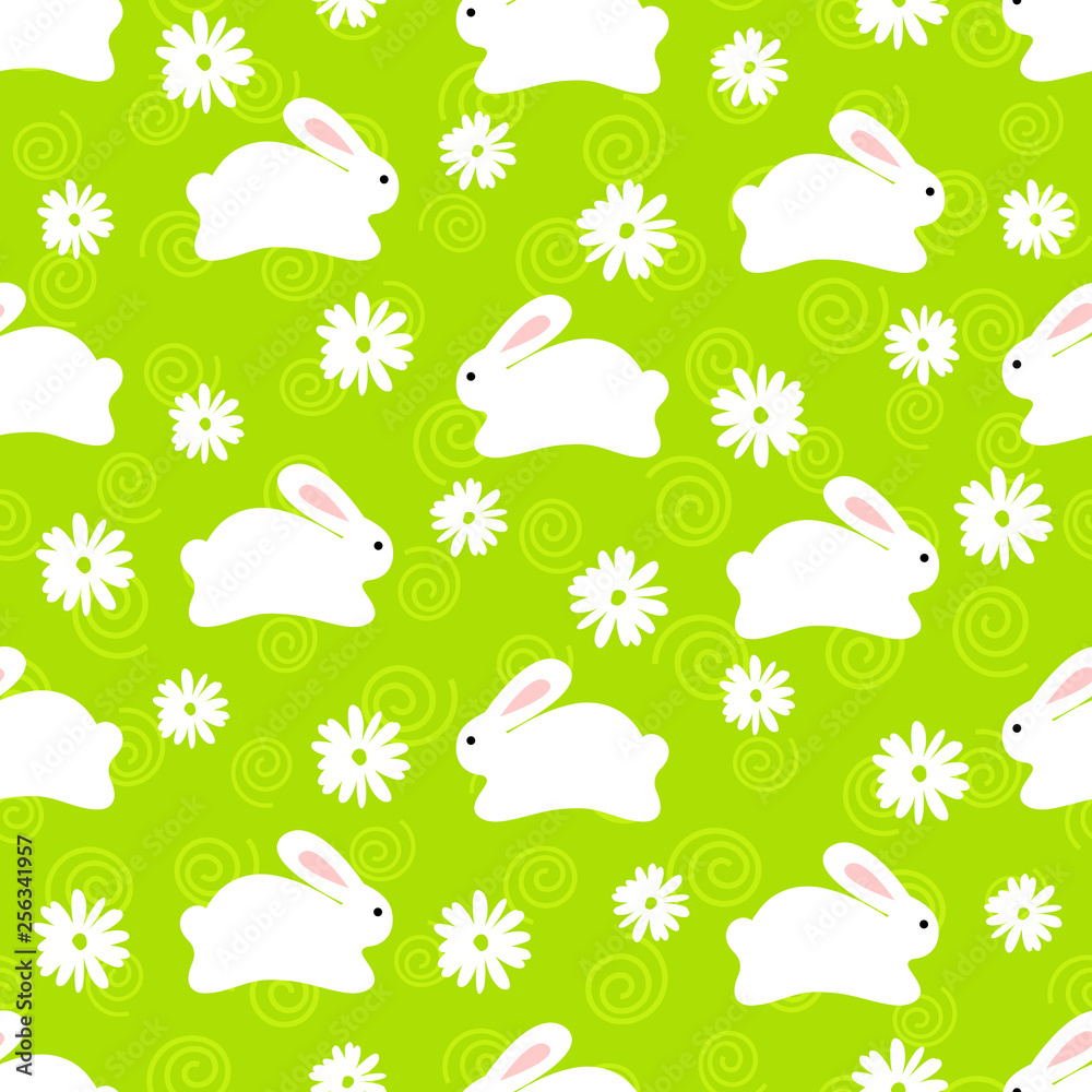 Fototapeta premium Seamless pattern of cute white bunnies on green background with flower