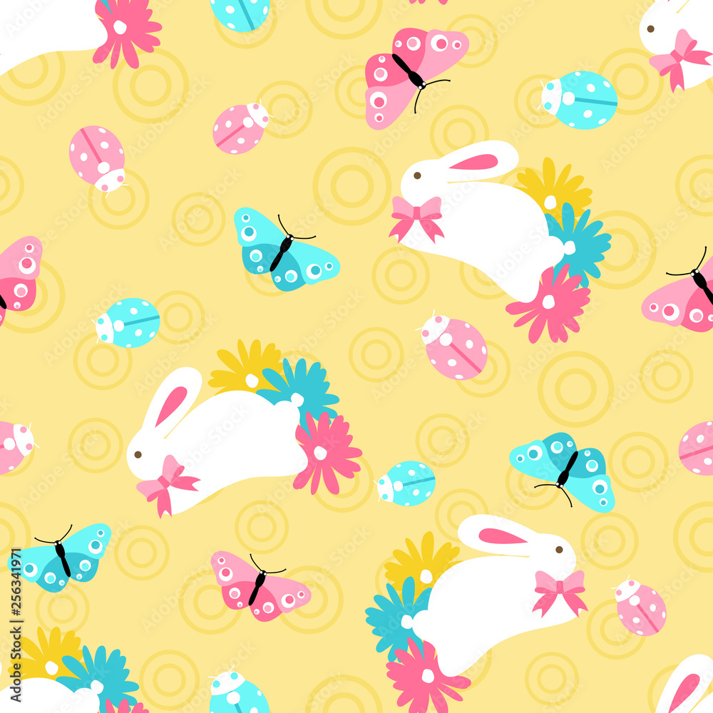 Seamless pattern with easter spring bunny in flowers on orange background