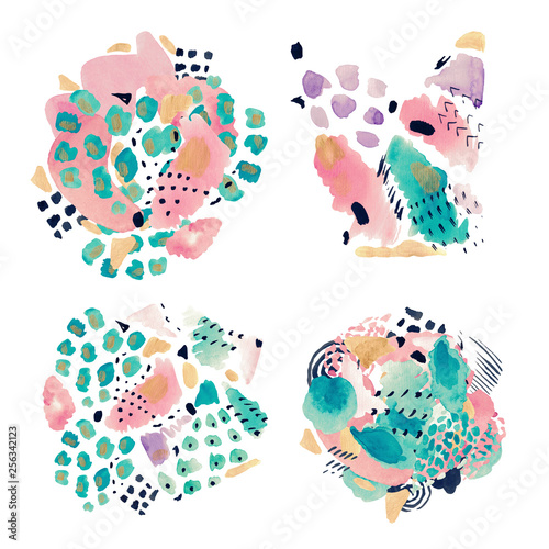 Watercolor illustration abstract collage composition Hand painted set decorative spots texture smears stripes on white isolated background
