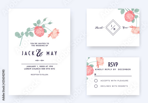 Minimalist floral wedding invitation card template design, pink rose flowers with leaves on white, pastel vintage theme