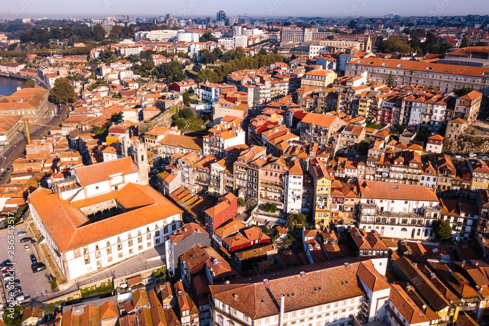 Aerial view of houses in the center of Porto, Portugal.