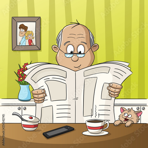A man is sitting at the table reading a newspaper. 