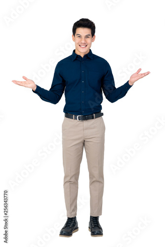 Young smiling handsome Asian man with open palms gesture