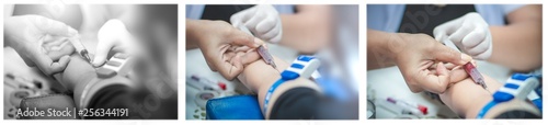 Set:Nurse collecting blood samples from patient for analysis on the annual health,( focus on syringe).