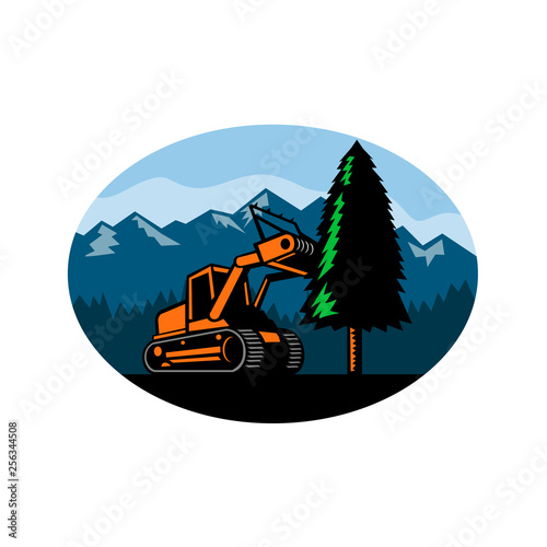 Retro style illustration of a tracked mulching tractor or forestry mulcher tearing down a pine tree with forest and mountains set inside oval on isolated background.