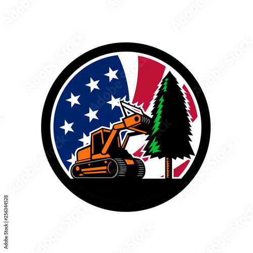 Retro style illustration of a tracked mulching tractor or forestry mulcher tearing down tree with American stars and stripes USA flag inside circle l on isolated background.